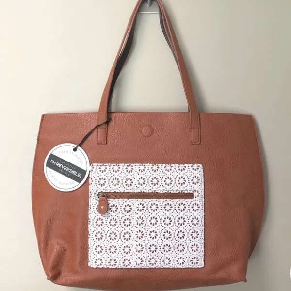 Y2k Under‎ One Sky Women Boho Natalya Reversible Crochet Pocket Tote Brown Black - Image 2