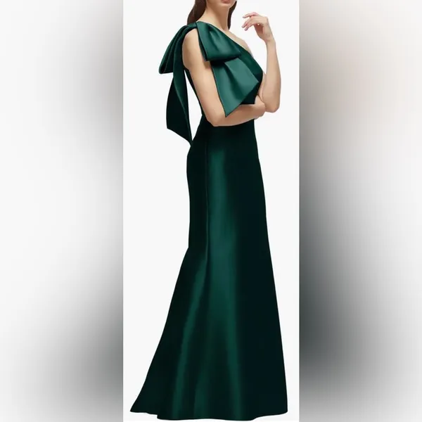NEW Alfred Sung Bow One-Shoulder Satin Twill Mermaid Ever green Gown SZ 4 - Image 3