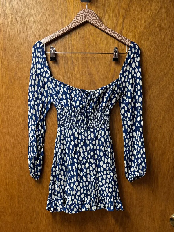 Reformation Rue Long Sleeve Mini Dress Crepe Spotted Lolita Blue White 0 - Image 16