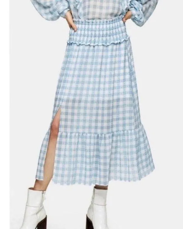 NWT Topshop Light Blue Gingham Check Midi Skirt Size 8 - Image 6