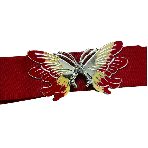 Vintage 80s Gold Tone Butterfly Buckle Red Elastic Stretch Belt - Image 2