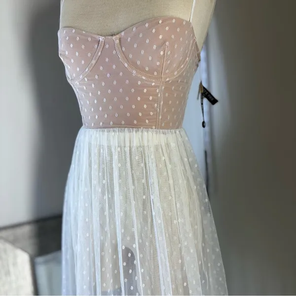 White Fox Boutique Strapless maxi sheer Dress in Pink and White - Image 14