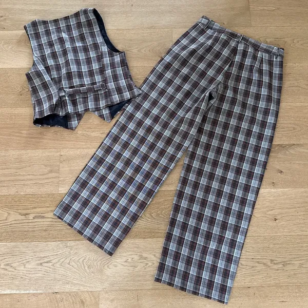 Motel Rocks X Olivia Neill Hondra Trousers & Vistana Vest Checks Size S Brown Gray - Image 6