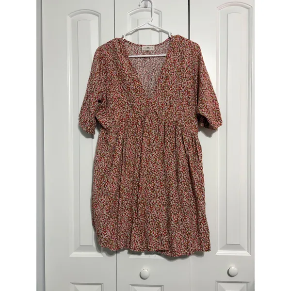 Natural Life Babydoll Mini Dress Floral Red V-Neck Pockets M - Image 2