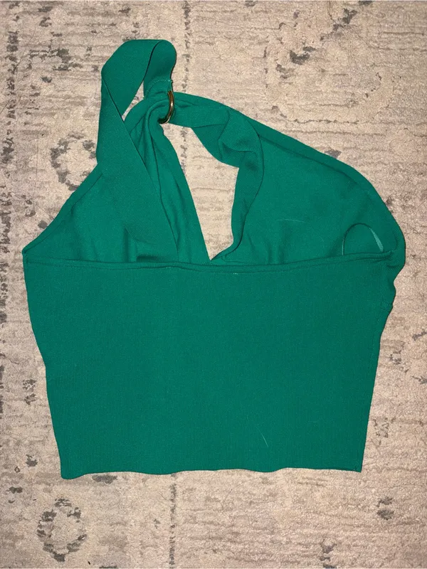 Zara Emerald Green One-Shoulder Ring-Accent Crop Top - Image 3