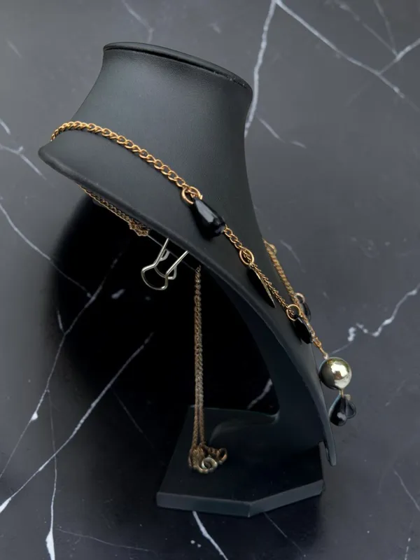 Whimsygoth Gold Leaf & Black Teardrop Charm Necklace Silver Orb Pendant - Image 5