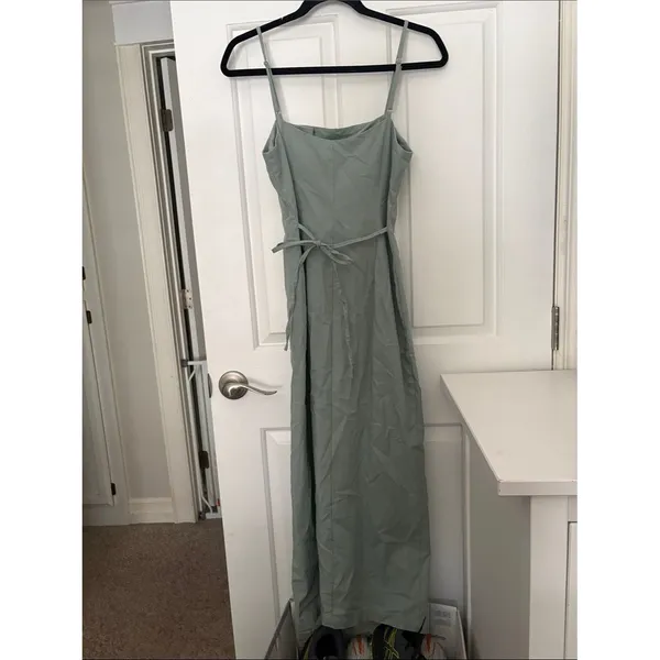 Sage Green Button-Front Midi Dress with Spaghetti Straps - Image 5