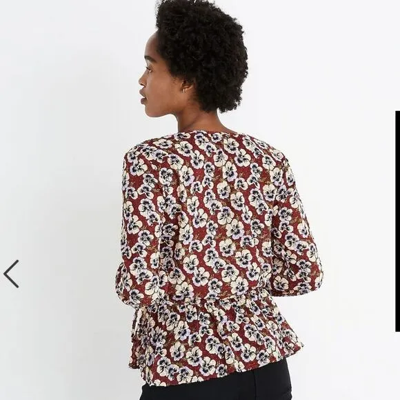 Madewell -565 Drawstring Ruffle-Hem‎ Top Blouse in Viola Floral Burgundy Medium - Image 2