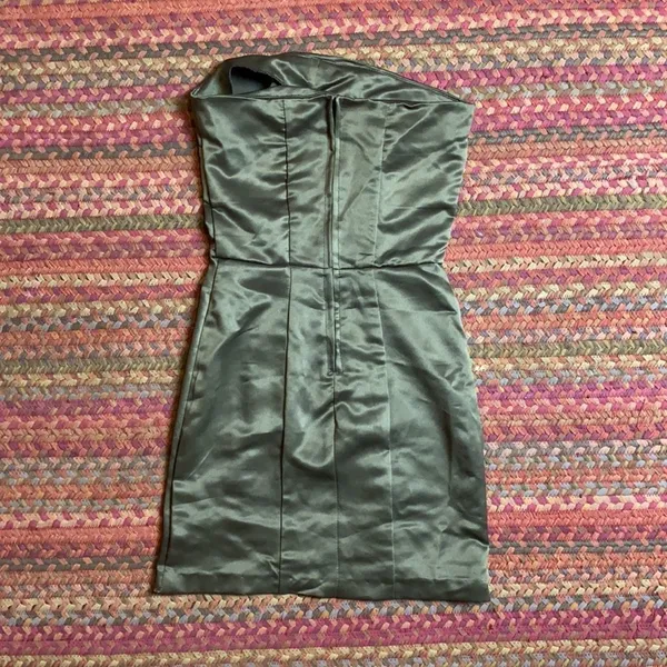 Army Green Satin Strapless Tube Mini Party Dress - Image 2