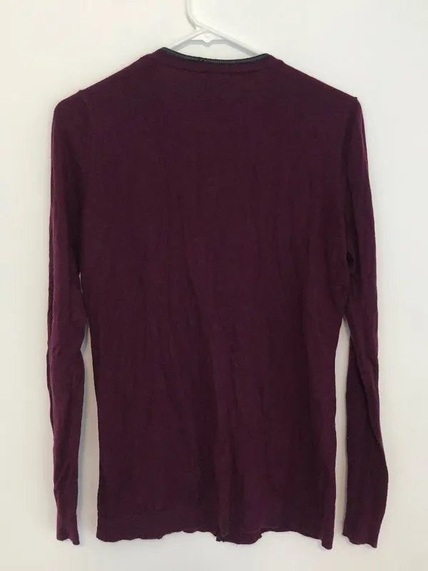 ANN TAYLOR Plum Purple Vegan Faux Leather Trim Button Down Cardigan Sweater M - Image 9