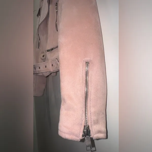 Zara Pink Moto Jacket Faux Suede Cropped Belted Size M Biker Zip Cuffs Y2K chic - Image 7