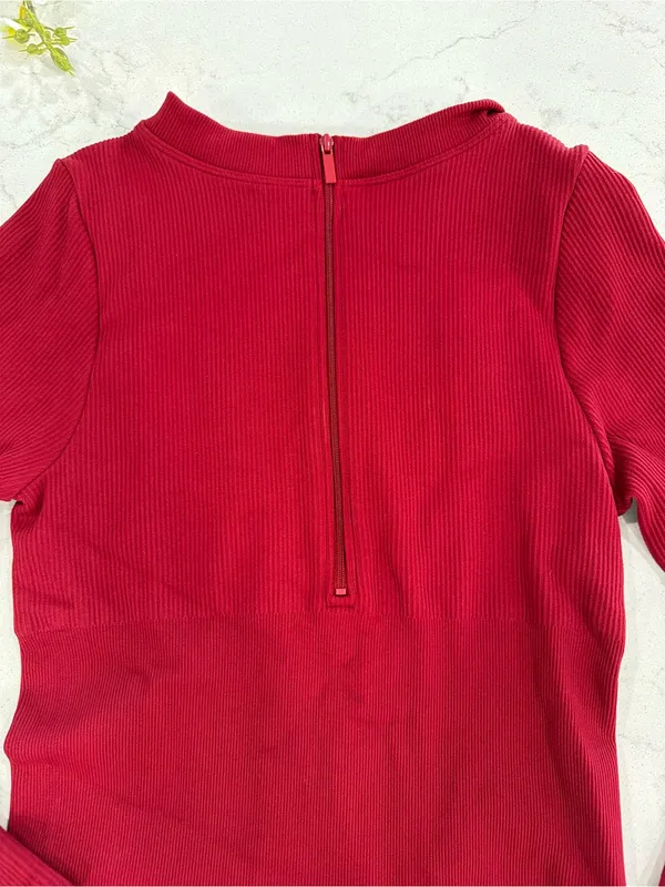 Ribbed Long-Sleeve One-Piece Jumpsuit in Burgundy - Image 6