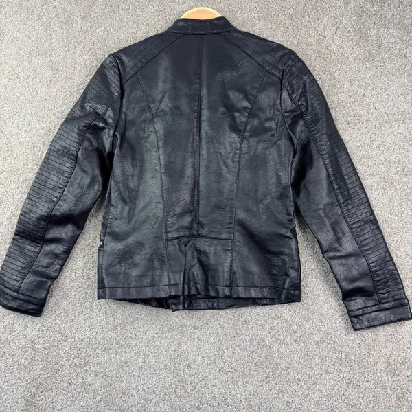 Halogen Moto Jacket Women XS Petite Black Faux Leather Biker Edgy Quilted Sleeve - Image 3