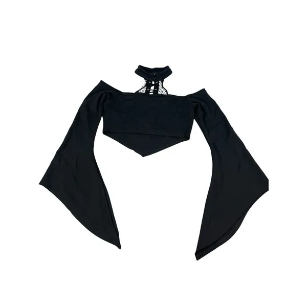Killstar Black Gothic Crop Top Bell Sleeve Lace Up Choker Neck Witchy Emo M - Image 2