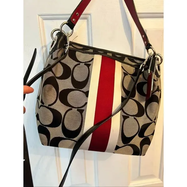 COACH Signature Hampton Stripe Purse Classic Logo Shoulder Bag Black Red White 1 - Image 6