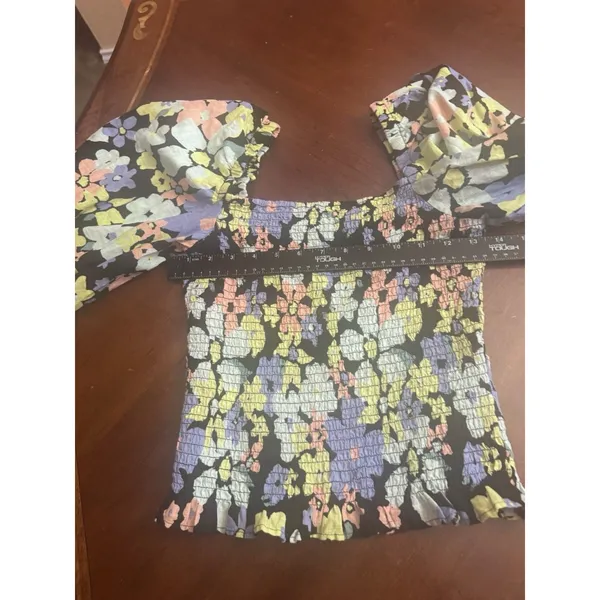 Free People Ariana Blouse Women's Multicolor Floral Smocked Balloon Sleeve Sz XS - Image 6