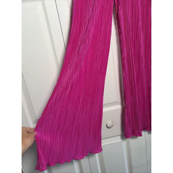 Altar'd State Plisse Wide Leg Pants Womens Size XS Hot Pink Pleated Y2K Satin - Image 2