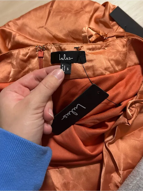 LULU’S Sophisticated Sight Peach Satin Jacquard Cowl Midi Dress - Image 7
