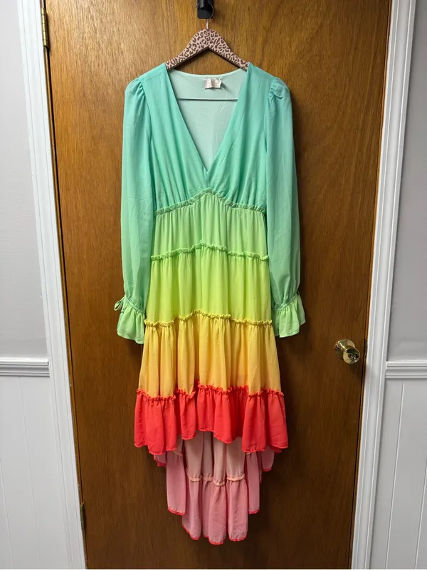 Champagne & Strawberry Multicolor Gradient High Low Long Sleeve Midi Dress Large - Image 16