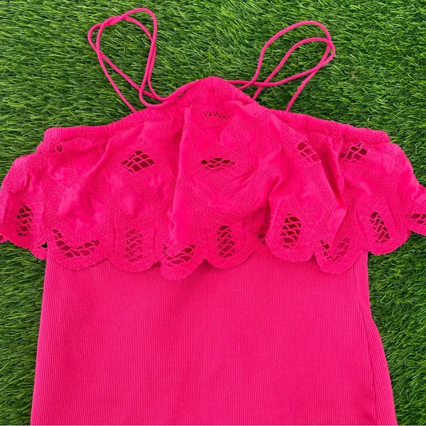 Anthropologie Ruffled Halter Cottage Pink Embroidered Crochet Tank Blouse Top - Image 6