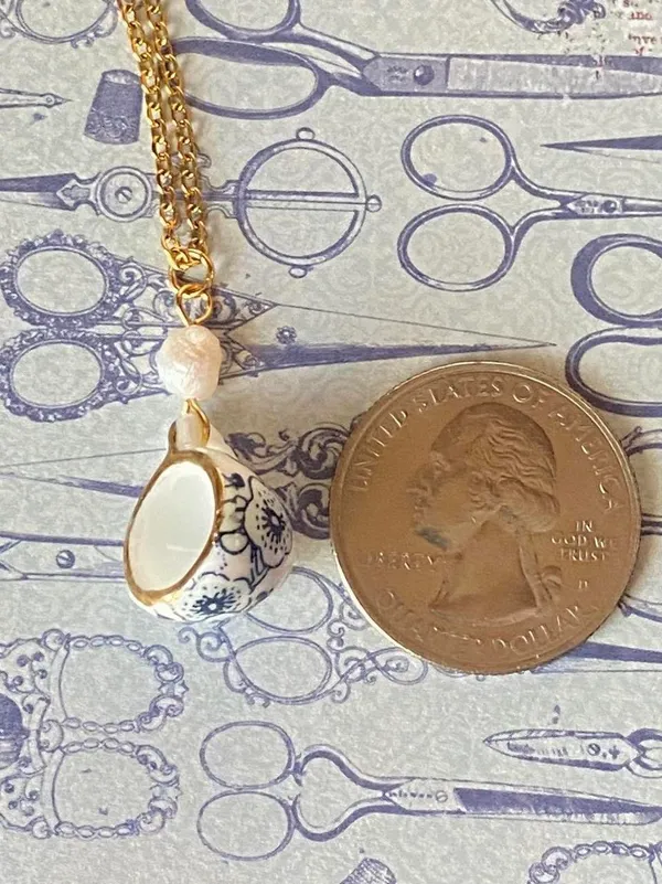 Handmade porcelain tea cup & freshwater pearl unique fun fairy antique style necklace🫖🍃🌀 - Image 7