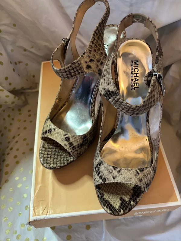 Michael Kors Snake-Print Open-Toe Slingback Heels in Brown and Tan - Image 2