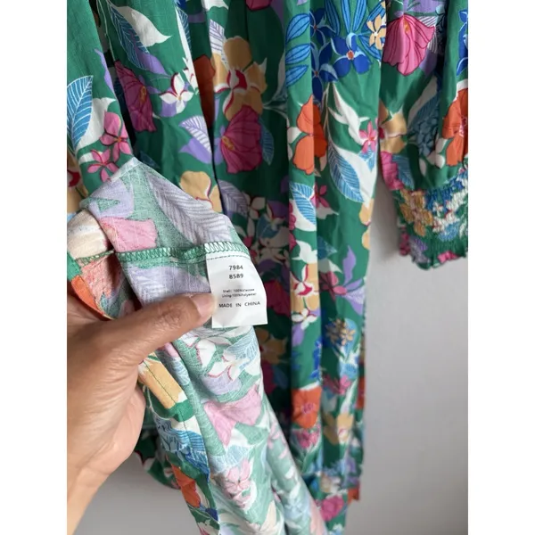 PRETTYGARDEN Green Tropical Floral Maxi Dress Smocked Cuff Square‎ Neck Boho M - Image 10
