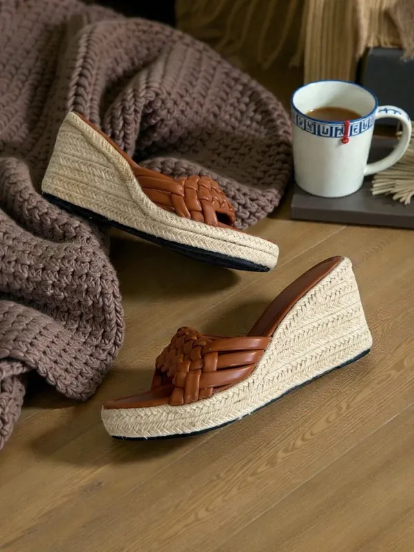 TAN Braided Leatherette Espadrilles Wedges Size 10 - Image 5