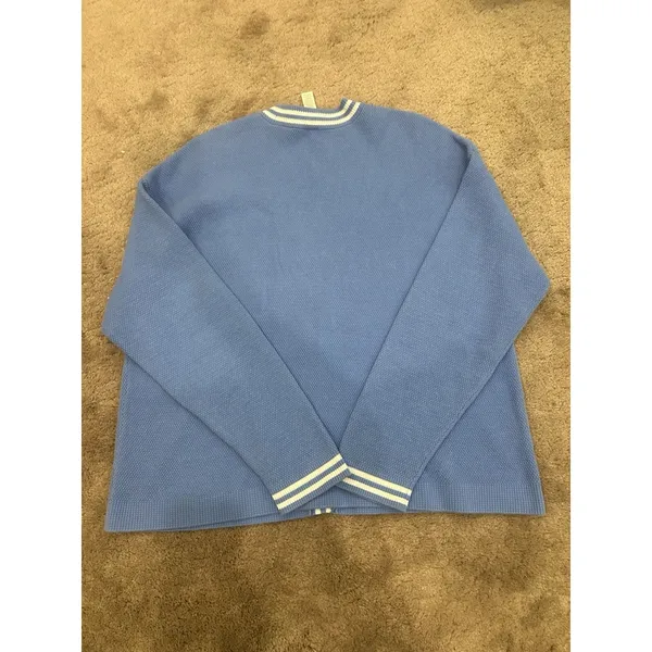 ALO Yoga Tennis Club Sweater Knit Cardigan Crystal Clear Blue/White Sz L Preppy - Image 8