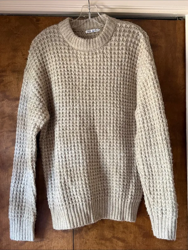 Zara Beige Waffle Knit Crewneck Sweater Oversized Chunky Long Sleeve Pullover - Image 2