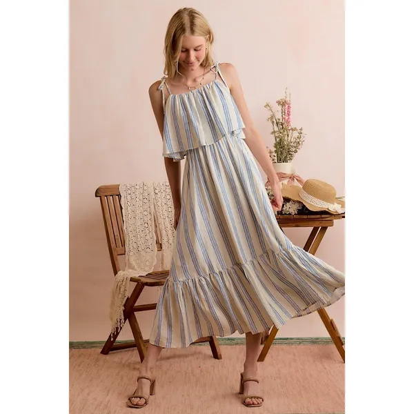 SO ME Stripe Tiered Shoulder Tie Midi Lined Dress - Medium - Image 15