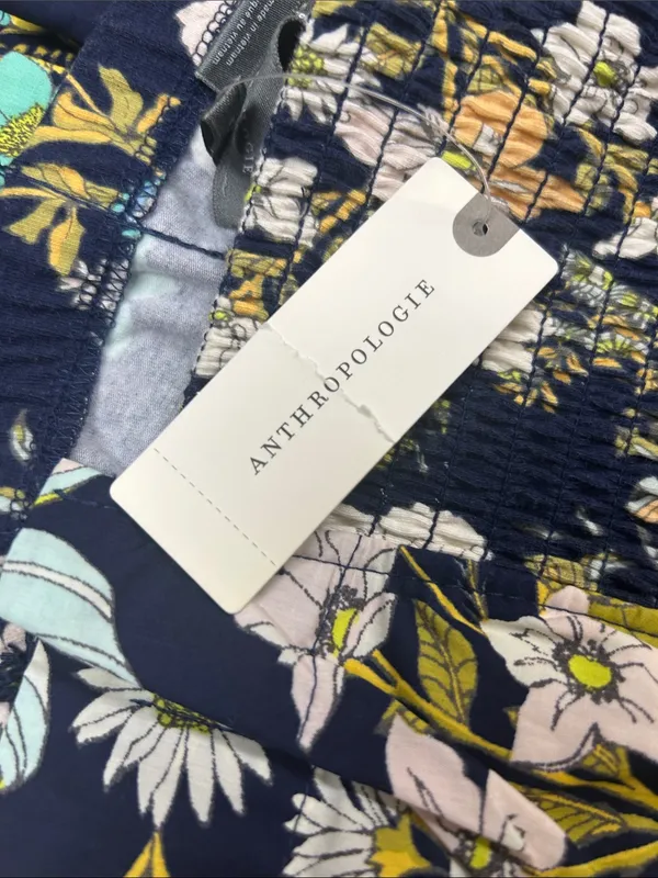 NEW Anthropologie Blue Floral Smocked Strapless Crop Top Yellow White Medium - Image 5