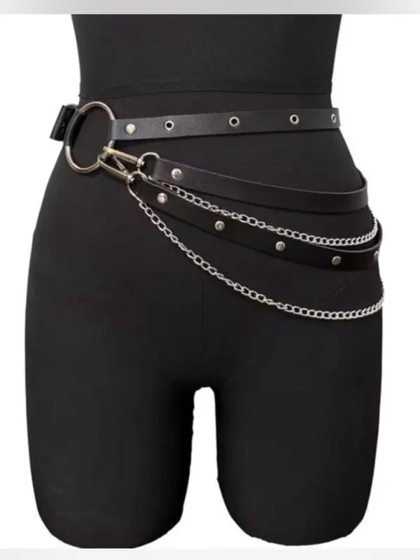 Black Studded Leather Chain Waist Belt - Women Accessories - Image 7