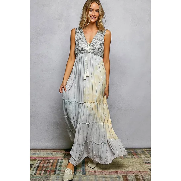 POL Deep V Sleeveless Cotton Bohemian Tiered Maxi Dress -‎ Light Grey - Medium - Image 2