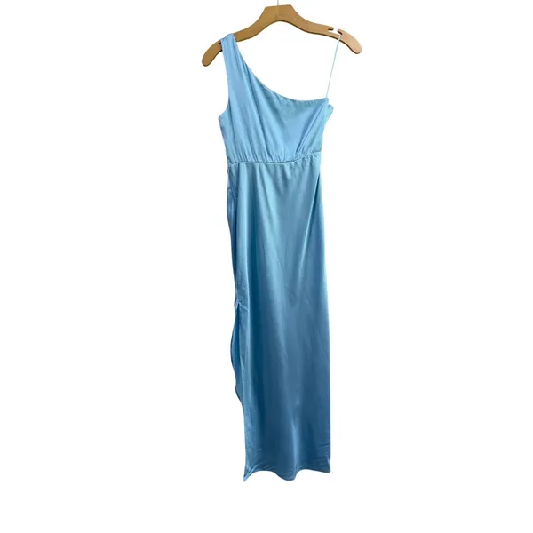 Abercrombie & Fitch Light Blue Satin One Shoulder Ruched Midi Dress XSP - Image 4