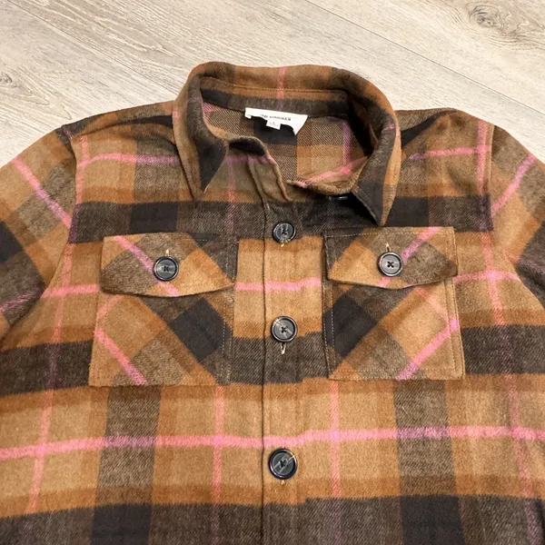 BB Dakota by Steve Madden Large L Boxy Shacket‎ Cashew Plaid Flannel - Image 3