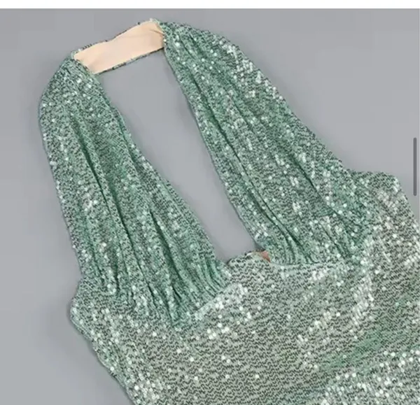 Sequin Halter V neck dress Green - Image 7