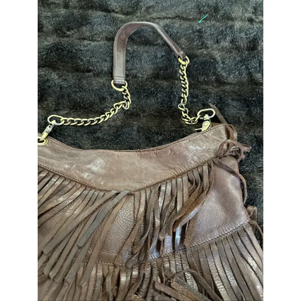 Marta Ponti Cognac brown Genuine Leather Fringe Boho Hobo Shoulder Bag 11.5x11 - Image 3