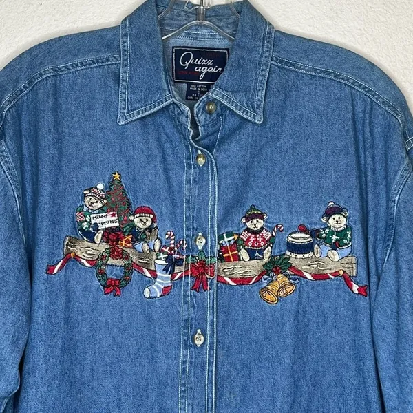 Vintage Quizz Again Denim Embroidered‎ Christmas Bear Shirt - Image 2