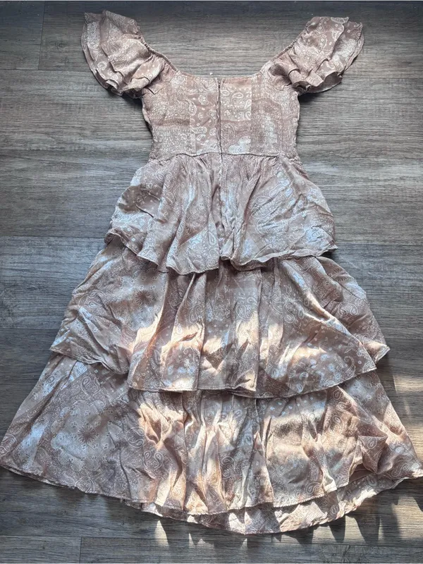 Francesca's Collections Beige Paisley Tiered Ruffle Midi Dress Cottagecore Boho - Image 9