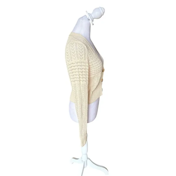 Anthropologie Pointelle Knit Cardigan Sweater Cream Cotton Open Knit Womens XS - Image 9