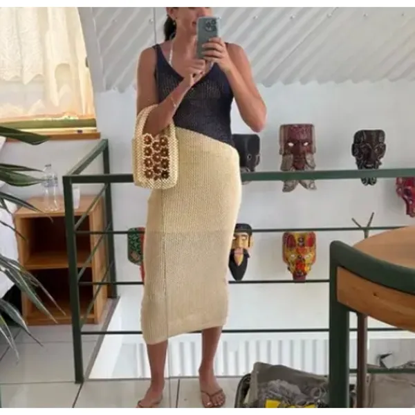 Toccin Blue Cream Crochet Midi Tank Dress SMALL Colorblock Knit Vacation $325 - Image 6