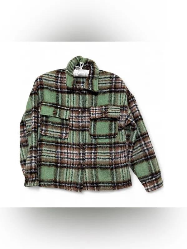 Lulus Women’s Sit Fireside Green Plaid Shacket Size XS - Image 4