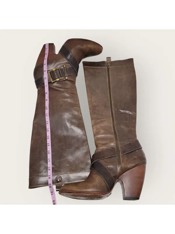 Frye Andrea Belted Tall Full Zip Brown Leather Riding Boot Size 10M 77321 - Image 7