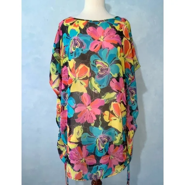 Vertigo Semi-Sheer Vibrant Floral Top Or Swim Cover XL - Image 3