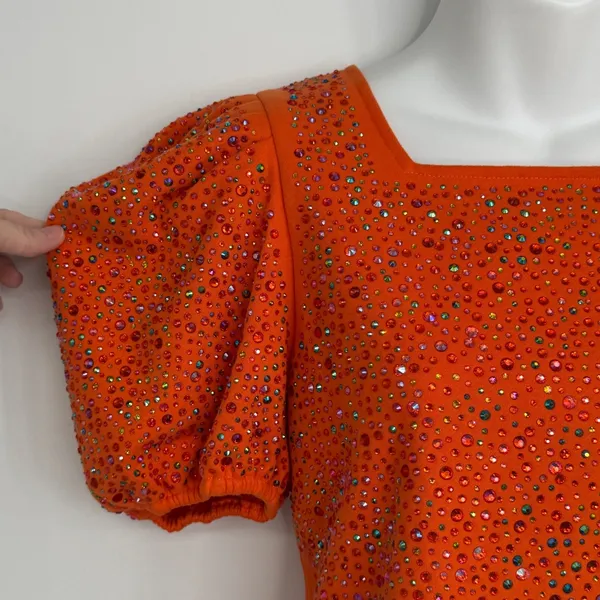 Queen of Sparkles Top XS Orange Rhinestone Puff Sleeve Square Neck Party‎ Bling - Image 5