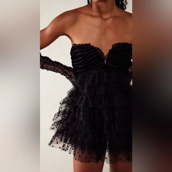 For Love & Lemons $259 Jourdan Black Mini Strapless Dress Gloves Goth Punk Sheer - Image 2