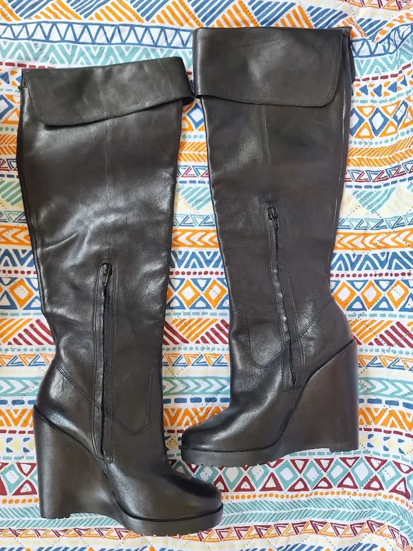 Lauren Ralph Lauren Wilda Black Leather Wedge Knee High Foldover Boots Size 6.5 - Image 2