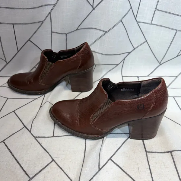 Born Leather Heeled Booties Size 10 Brown Pebbled Block Heel Slip On Ankle Boots - Image 6