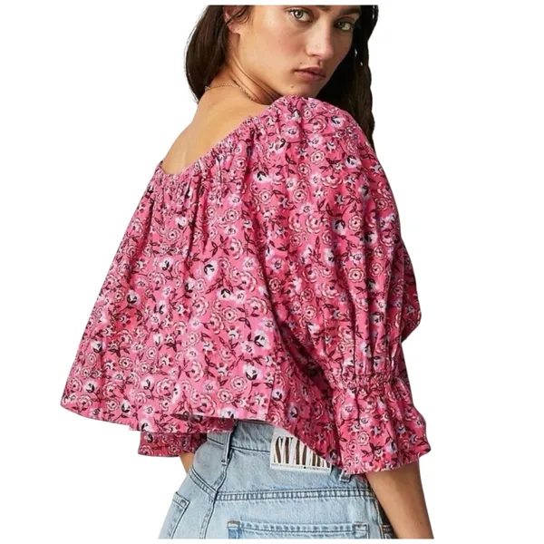 NEW With Tag Free People Pink Floral Cropped James Smock Top Small - Image 3